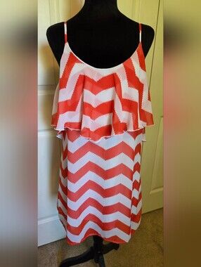 Charlotte Russe Coral and White Chevron Ruffle Spaghetti Strap Dress SIZE M